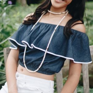 Blue off the shoulder crop top with white trim